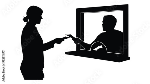 A woman shows a piece of paper to a man through a window isolated on white background, Vector