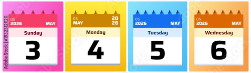 Bright flat style daily calendar blocks showcasing May 3,4,5,6 2026. Clean structure and colorful accents make this set suitable for digital planners and scheduling concepts