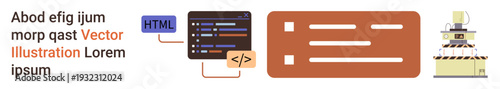 Web development, server management, coding education, technology design, programming, software engineering. HTML tag and code illustration with server and UI elements. Web development and coding