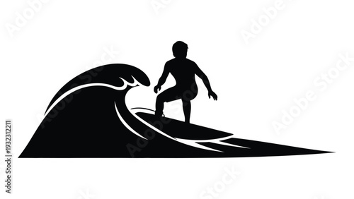A surfer rides a wave on the ocean isolated on white background, Vector