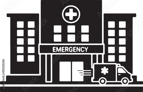 Modern hospital building with ambulance and emergency sign, clean vector illustration for healthcare services