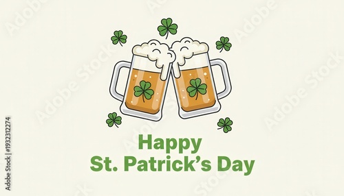 Two frothy mugs of beer clinking together, decorated with shamrocks, celebrating St. Patrick's Day.