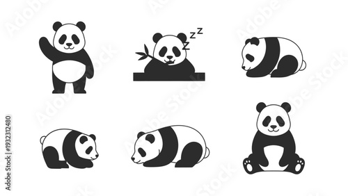 Cute Panda Bear Cartoon Icons Set. Adorable Black and White Minimalist Vector Illustrations of Pandas in Various Poses.