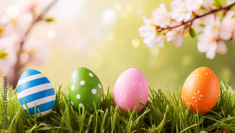 Fototapeta premium Four colorful decorated Easter eggs sitting in green grass with a soft focus background of blooming flowers and bokeh lights.