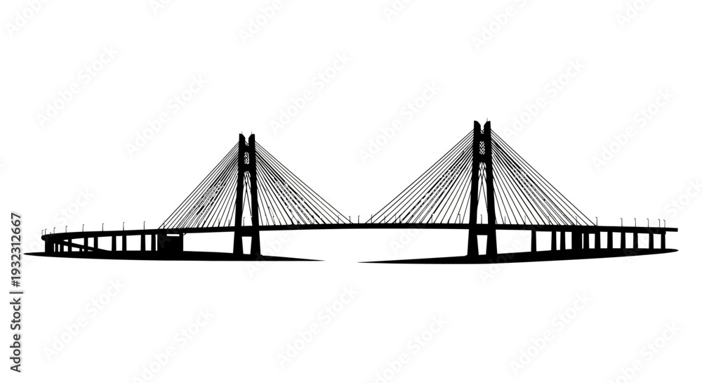 Obraz premium Modern Cable-Stayed Bridge Silhouette Against White Background