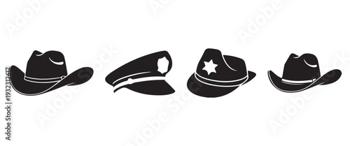 Black Hat Silhouette Icon Set – Fedora, Cowboy, Bucket and Police Caps Fashion Headwear Vector Collection Isolated on White Background