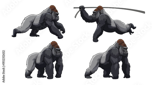 Cartoon gorilla character in various action poses: walking, crouching, and swinging a stick, isolated on white background.