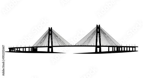 Modern Cable-Stayed Bridge Silhouette Against White Background