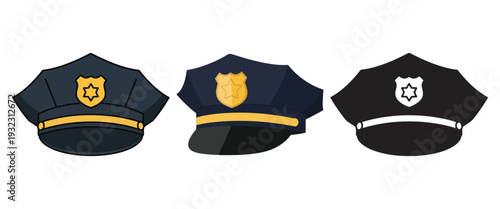Black Hat Silhouette Icon Set – Fedora, Cowboy, Bucket and Police Caps Fashion Headwear Vector Collection Isolated on White Background