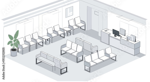 Modern waiting room with reception desk and seating