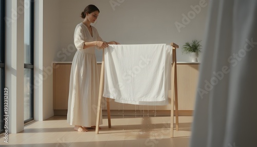 Woman hanging wet laundry indoors on a drying rack, illustrating a domestic chore and clean living concept with natural light