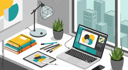 Modern Graphic Designer Desk with Laptop, Tablet and Plants