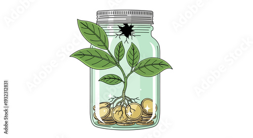 Plant Growing From Coins In A Jar