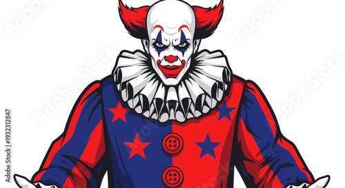 Scary Clown with Evil Grin and Red White Blue Costume, Horror Character