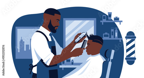 Barber cutting client's hair with electric clipper in modern barbershop