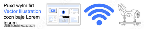 Cybersecurity, digital threats, online security, network monitoring, hacking prevention, internet safety. Trojan horse with wireless icon and digital dashboard. Cybersecurity and online threats