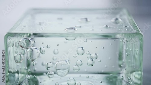 Clear liquid with numerous bubbles trapped inside a transparent geometric glass container, close-up shot