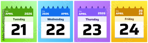 Minimal and vibrant daily calendar blocks showcasing April 21,24 2026. Designed with bright color variations and clear typography, perfect for productivity apps, digital planners, and modern date