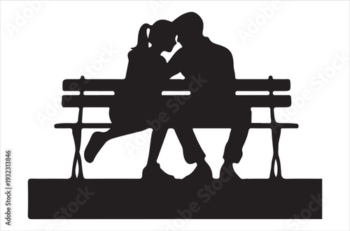 Silhouetted couple sharing an intimate moment while sitting on a park bench