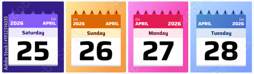 Flat style calendar illustration set for April 25,28 2026. Features bold date numbers and clean layout composition, suitable for reminder templates, office scheduling visuals, and printable planner