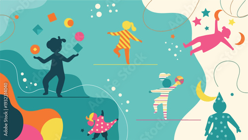 Whimsical illustration of silhouetted figures performing varied circus acts