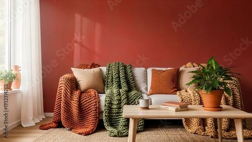 Cozy living room with white couch, red wall, and plants, warm home decor