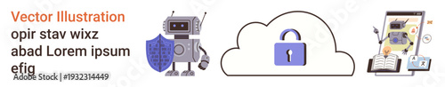 Cybersecurity, data protection, cloud security, technology, digital safety, encryption. Robot holding a shield, secure cloud lock and data charts. Cybersecurity and data protection concepts