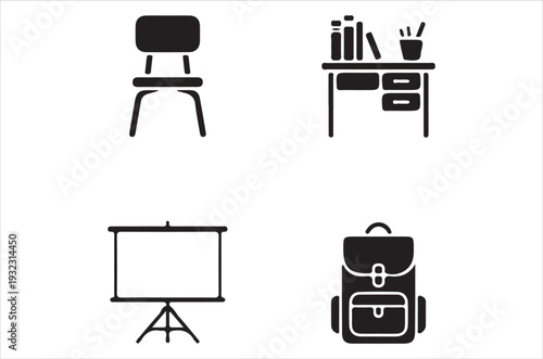 Simple black icons depicting furniture a projector and a schoolbag