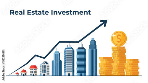 Real estate investment graph showing rising arrow over different types of buildings and stacks of gold coins for financial growth concept.