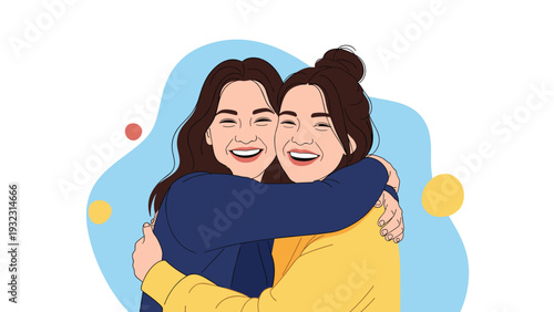 Two cheerful young women hugging each other with big smiles as symbol of friendship sisterhood and emotional support for each other.