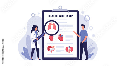 Female doctor showing medical report on large health check up board to male patient explaining results of internal organs examination.