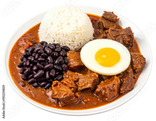 A plate of traditional latin american food with rice beans meat and egg isolated on transparent background