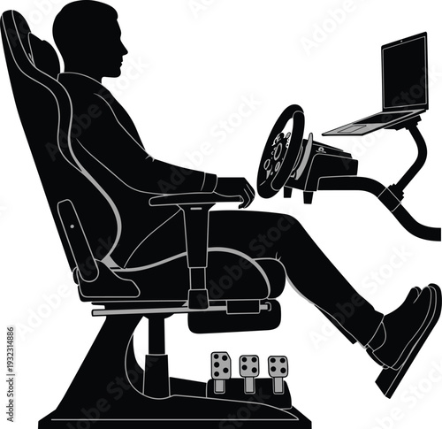 Black silhouette of person seated in racing simulator with steering wheel, pedals, and monitor, depicting immersive driving posture for gaming, training, and creative stock artwork
