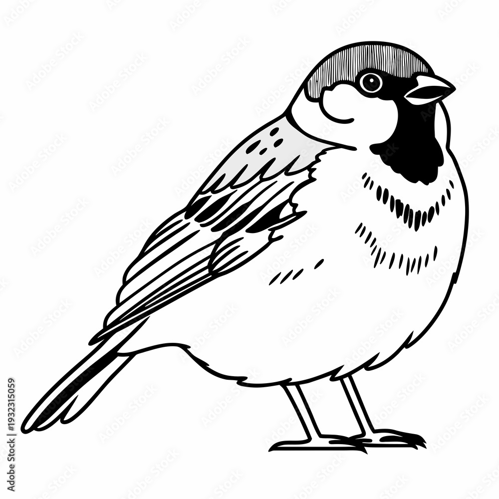 Obraz premium Minimal line art sparrow perched on a thin branch, clean monoline style, elegant simple outlines, isolated on white background.