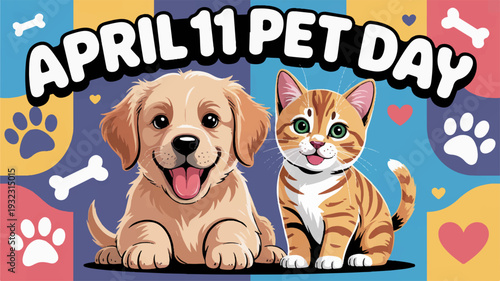 Friendly dog and cat celebrating pet day with colorful background and icons