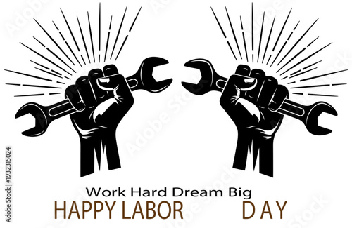 Labor day vector illustration with workers and wrenches happy labor day