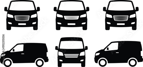 Cargo Delivery Van Silhouette Collection, Commercial Transport Vehicle Set, Black Vector Illustration Isolated