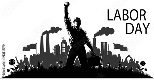 Labor day vector illustration with industrial cityscape and workers' rights theme