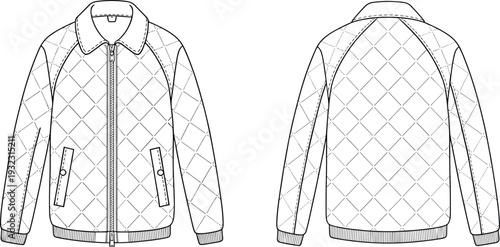 Men's diamond quilted bomber jacket technical flat sketch, front and back view apparel CAD vector illustration template design