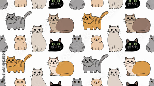Colorful cartoon cats in various poses and fur colors on white background for design
