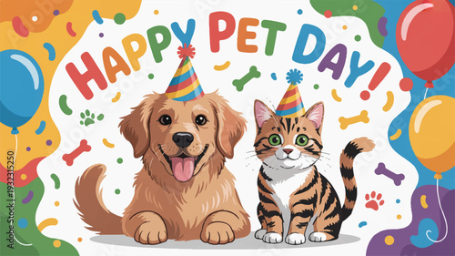 Golden retriever dog and tabby cat wearing party hats celebrating happy pet day with colorful balloons