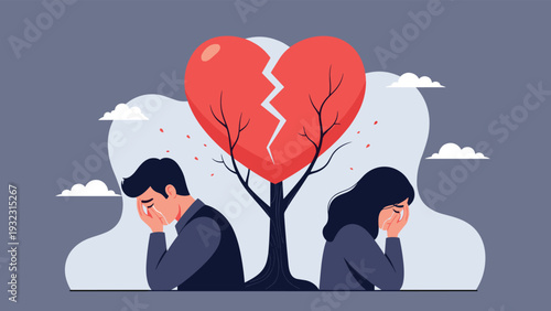 Sad man and woman sitting on ground crying next to broken heart tree representing heartbreak separation and relationship breakup pain.
