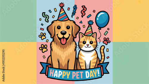 Happy pet day cartoon dog and cat wearing party hats with confetti and balloon