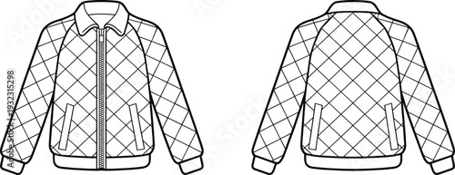 Men's quilted raglan sleeve bomber jacket technical flat sketch, front and back view apparel CAD vector illustration template