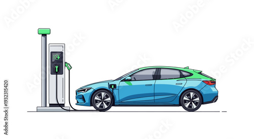 Electric car charging at a modern charging station, eco-friendly transport
