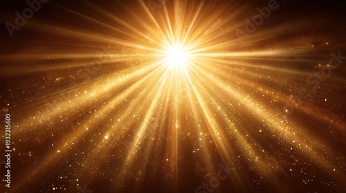 Golden explosion radiating light in space with shimmering particles