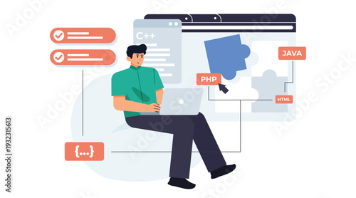 Software Engineer Explaining System Integration Process, Data Flow, and Application Architecture in Technology Presentation Concept