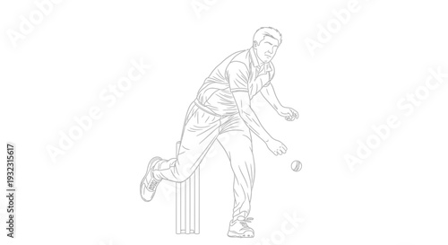 Dynamic illustration depicting a male cricket bowler in full action releasing the ball with power and precision during a match.