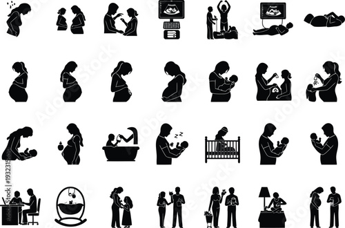 Collection of silhouettes showing pregnancy stages, childbirth, and early motherhood, celebrating family
