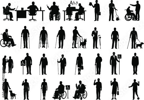 Collection of silhouettes depicting people with disabilities and their daily lives, promoting inclusion